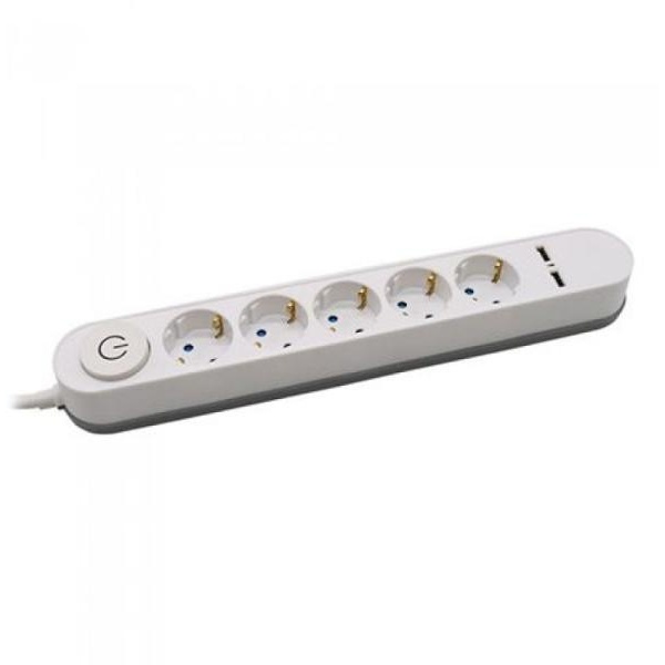 Prelungitor 5 Intrari Intrerupator iluminat & 2 Port-uri USB 3G 1.5MM x 3M Alb 060721-14
